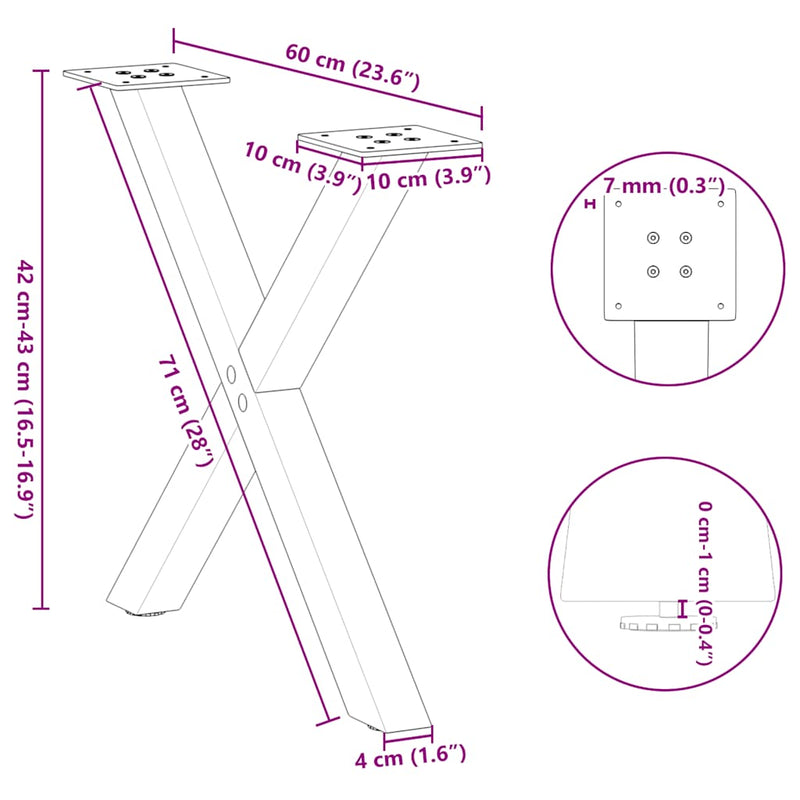 vidaXL 2 db fekete, X alakú acél dohányzóasztal láb 60 x (42-43) cm