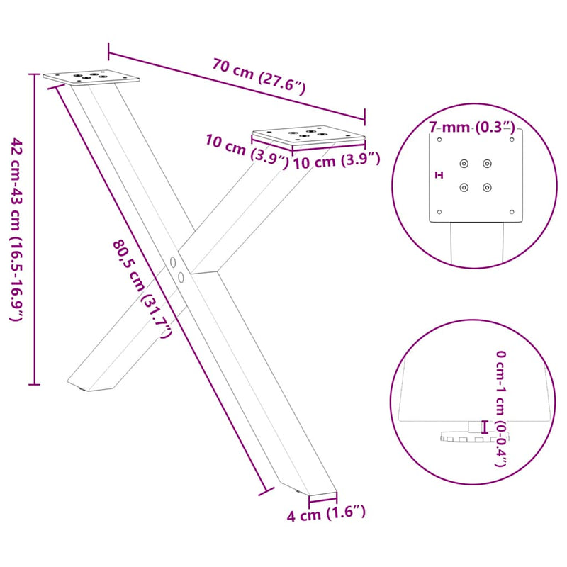 vidaXL 2 db fehér, X alakú dohányzóasztal láb 70 x (42-43) cm acél