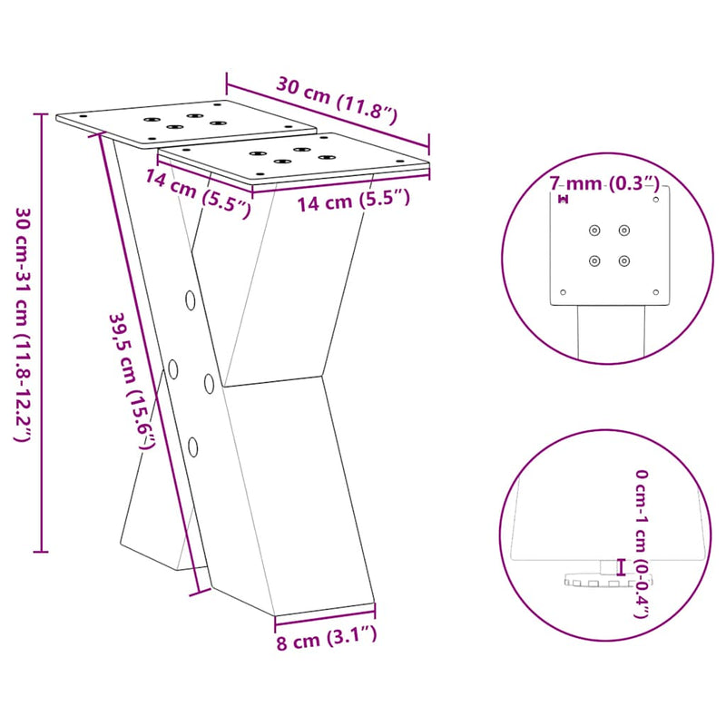 vidaXL 2 db fekete, X alakú acél dohányzóasztal láb 30 x (30-31) cm