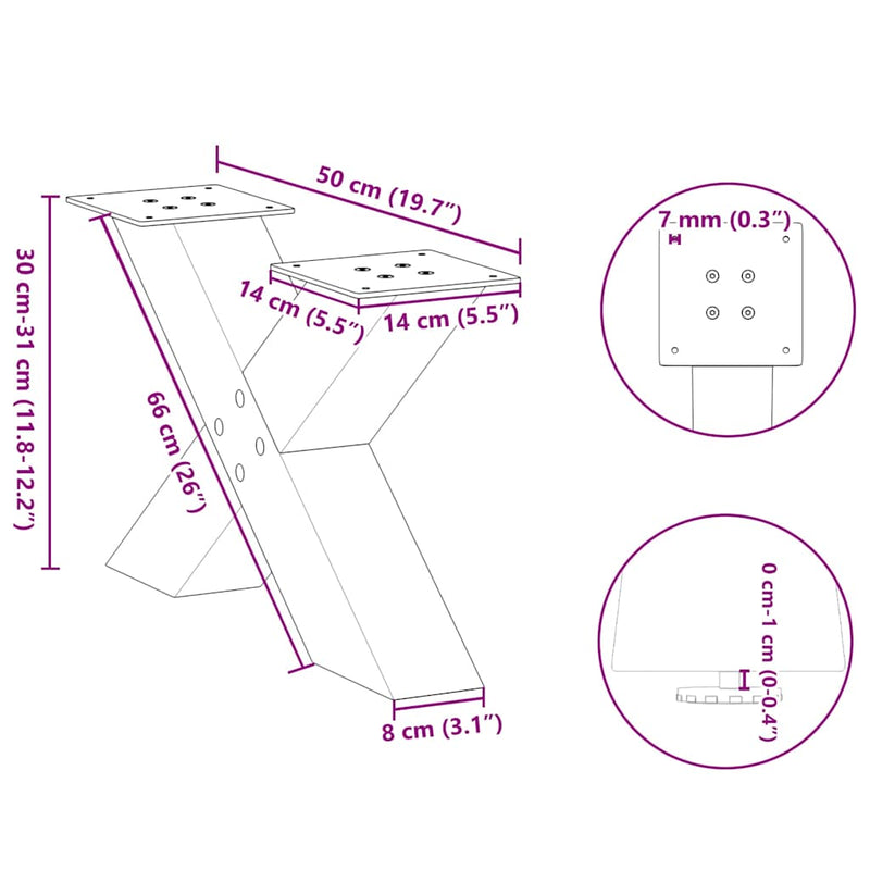 vidaXL 2 db fekete, X alakú acél dohányzóasztal láb 50 x (30-31) cm