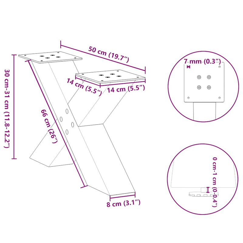 vidaXL 2 db fehér, X alakú acél dohányzóasztal láb 50 x (30-31) cm