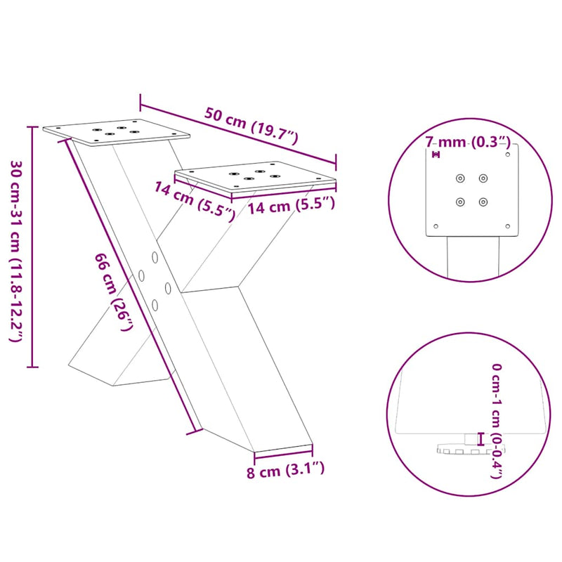 vidaXL 2 db antracitszürke X-alakú acél dohányzóasztal láb 50x(30-31) cm