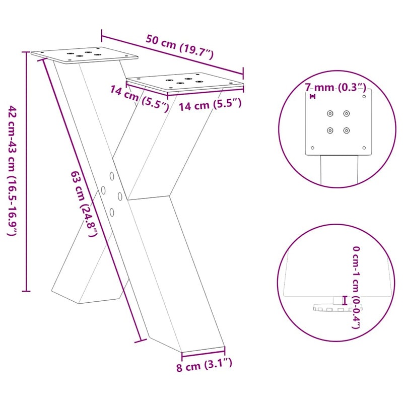 vidaXL 2 db fekete, X alakú acél dohányzóasztal láb 50 x (42-43) cm