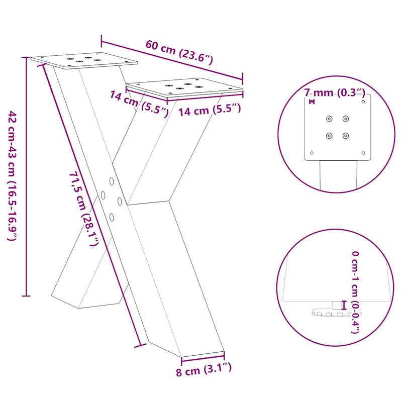 vidaXL 2 db antracitszürke X-alakú acél dohányzóasztal láb 60 x (42-43) cm