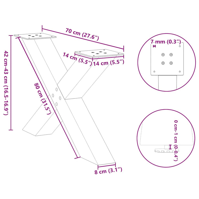 vidaXL 2 db fehér, X alakú dohányzóasztal láb 70 x (42-43) cm acél