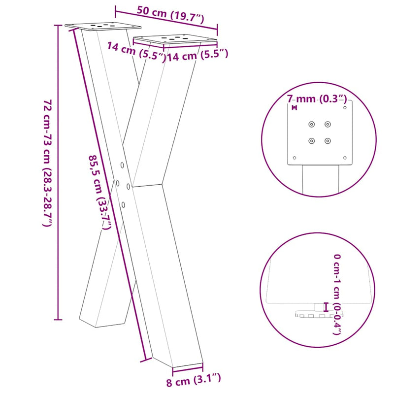 vidaXL 2 db X alakú étkezőasztal láb fekete acél 50 x (72-73) cm