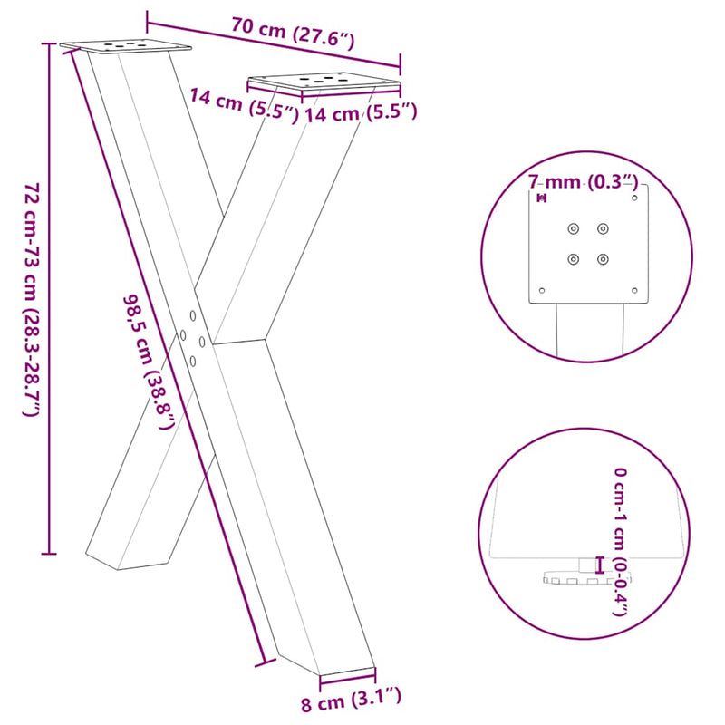 vidaXL 2 db X alakú étkezőasztal láb fekete, 70 x (72-73) cm acél