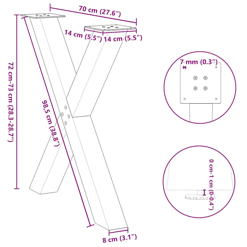 vidaXL 3 db X alakú étkezőasztal láb fekete, 70 x (72-73) cm acél