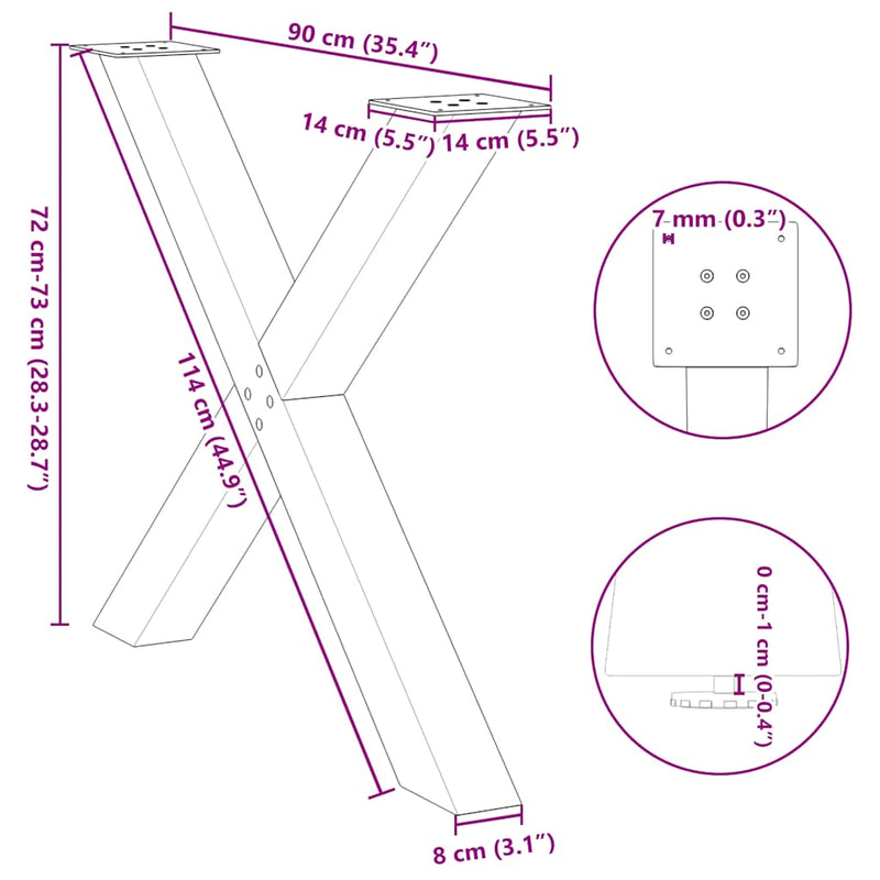 vidaXL 3 db X alakú étkezőasztal láb fekete 90 x (72-73) cm acél étkezőasztal láb