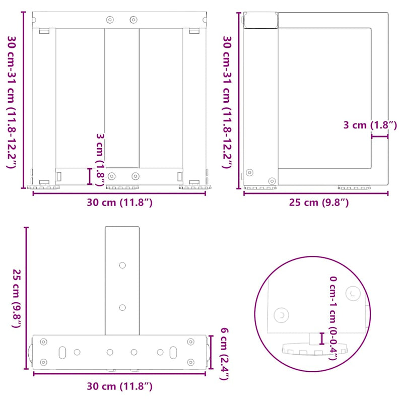 vidaXL 2 db fehér, T-alakú acél dohányzóasztal láb 30x25x(30-31) cm