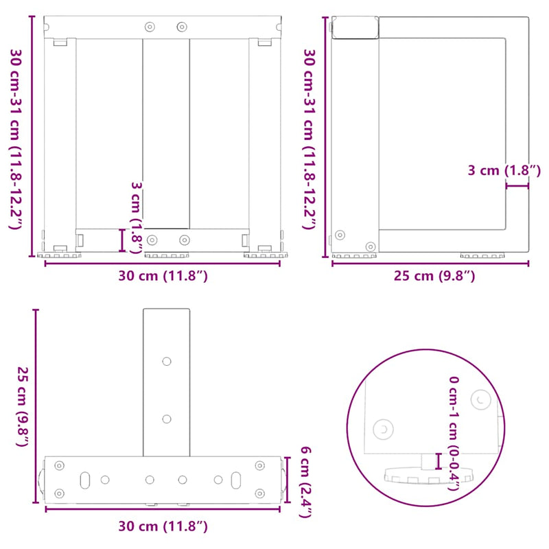 vidaXL 2 db fehér, T-alakú acél dohányzóasztal láb 30x25x(30-31) cm