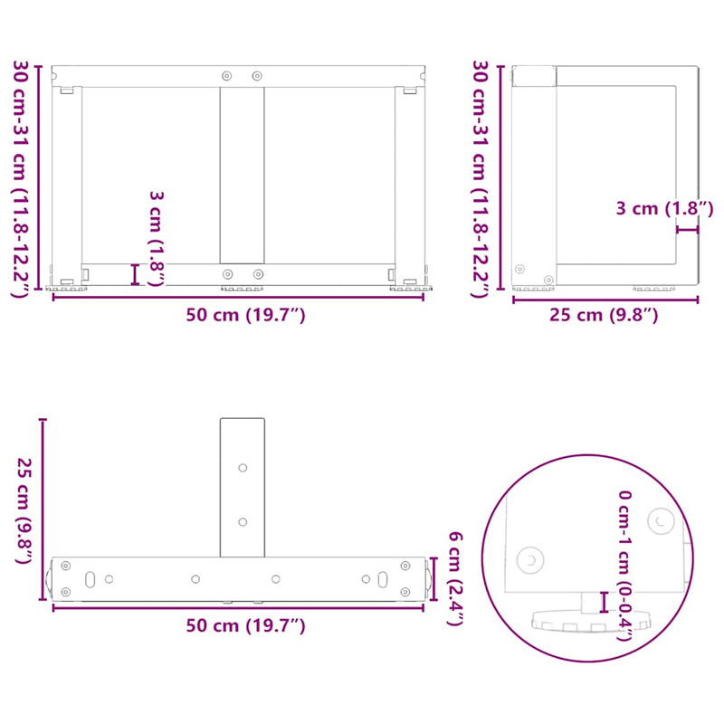 vidaXL 2 db fekete, T-alakú acél dohányzóasztal láb 50x25x(30-31) cm