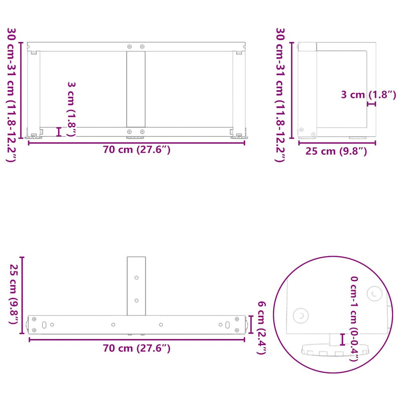 vidaXL 2 db fekete, T-alakú acél dohányzóasztal láb 70x25x(30-31) cm