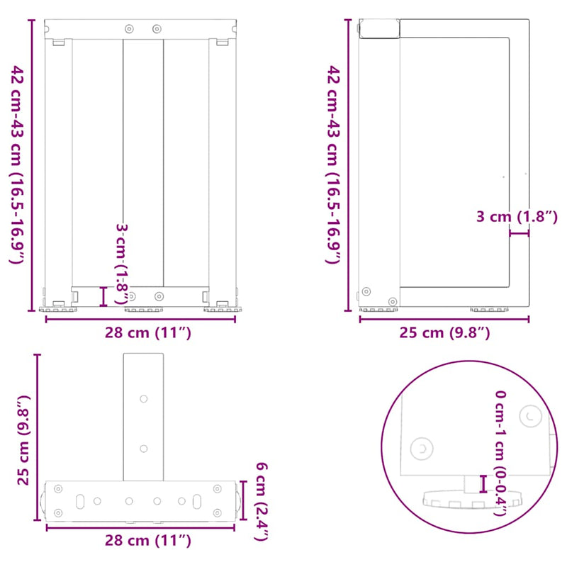 vidaXL 2 db antracitszürke, T-alakú acél dohányzóasztal láb 28x25x(42-43) cm