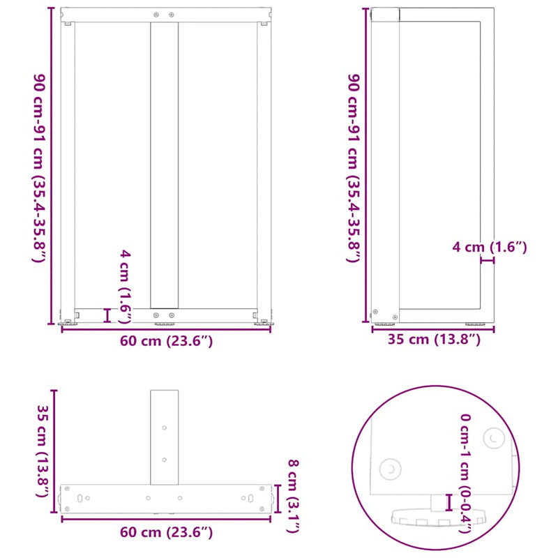 vidaXL 2 db fekete, T-alakú acél bárasztalláb 60x35x(90-91) cm