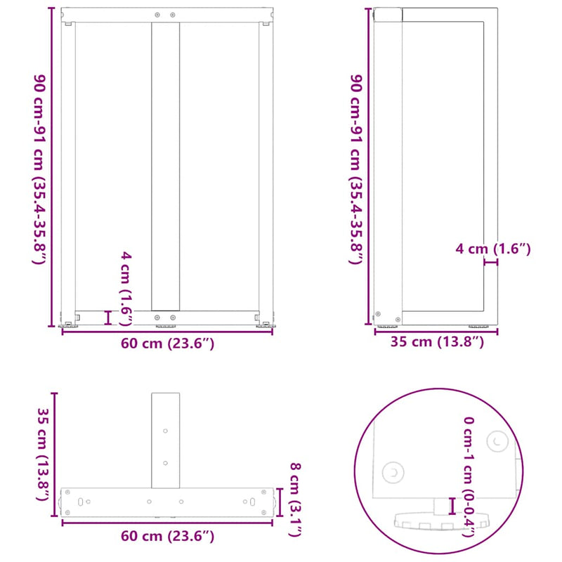 vidaXL 2 db T-alakú bárasztalláb, fehér, 60x35x(90-91) cm, acél