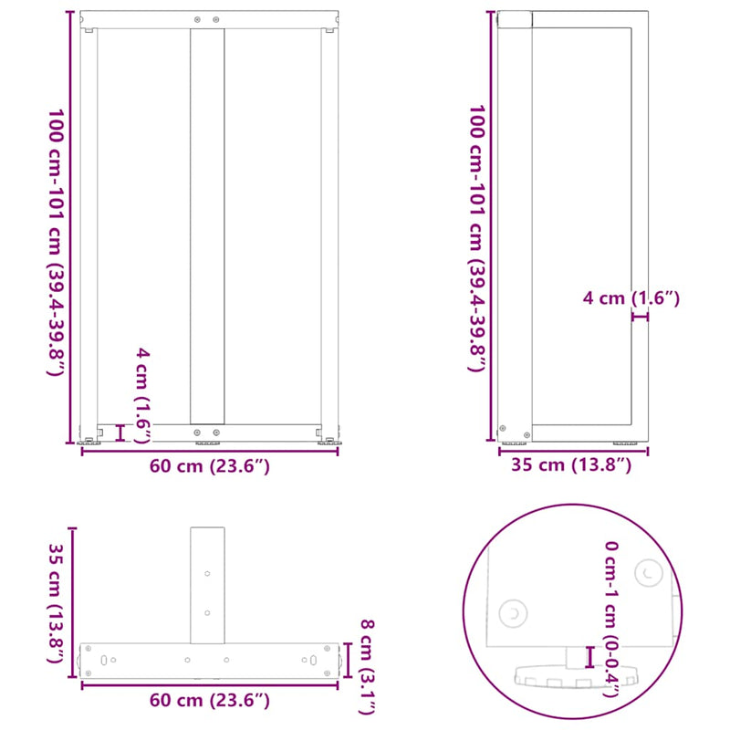 vidaXL 2 db fehér, T-alakú acél bárasztalláb 60x35x(100-101) cm