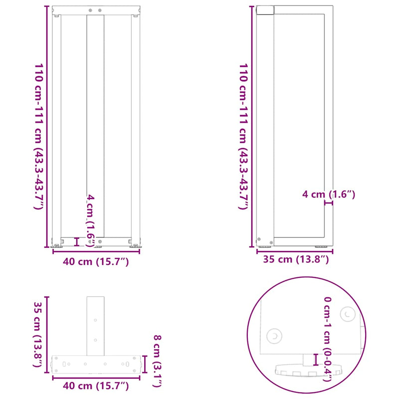 vidaXL 2 db fekete, T-alakú acél bárasztalláb 40x35x(110-111) cm