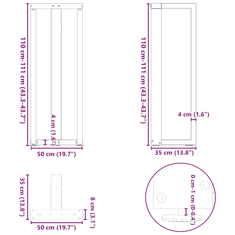 vidaXL 2 db fekete, T-alakú acél bárasztalláb 50x35x(110-111) cm