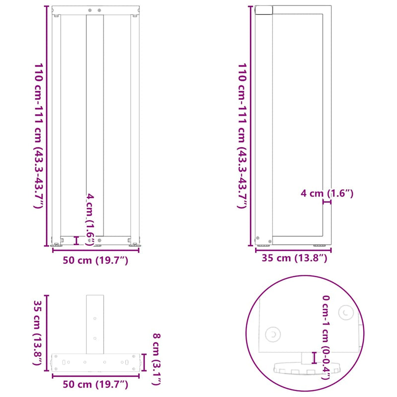 vidaXL 2 db fehér, T-alakú acél bárasztalláb 50x35x(110-111) cm