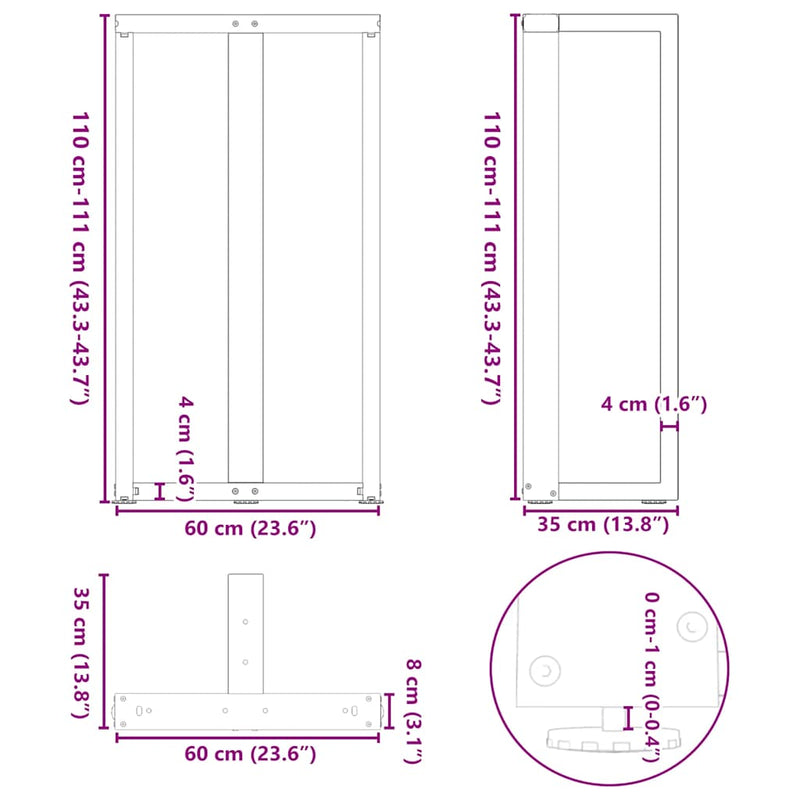 vidaXL 2 db fekete, T-alakú acél bárasztalláb 60x35x(110-111) cm