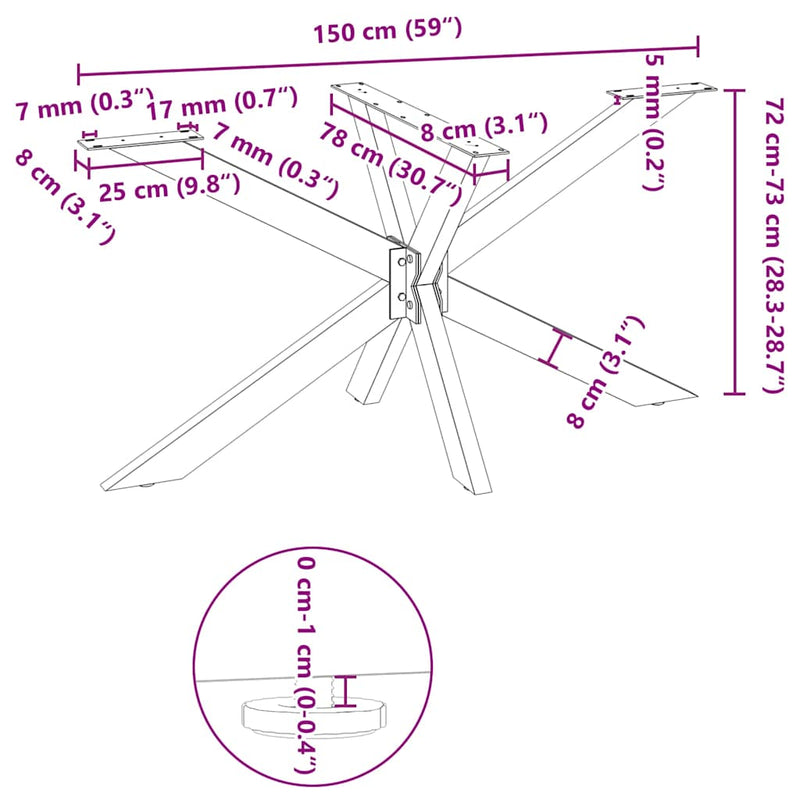 vidaXL pók alakú étkezőasztal láb fehér 150x78x(72-73) cm acél
