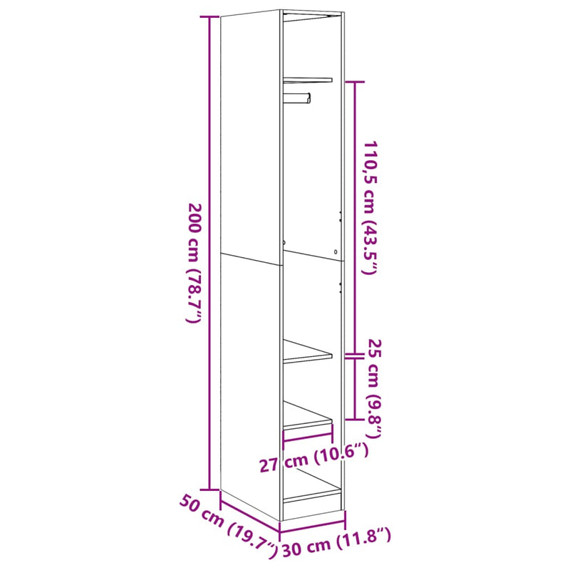 vidaXL betonszürke szerelt fa ruhásszekrény 30 x 50 x 200 cm