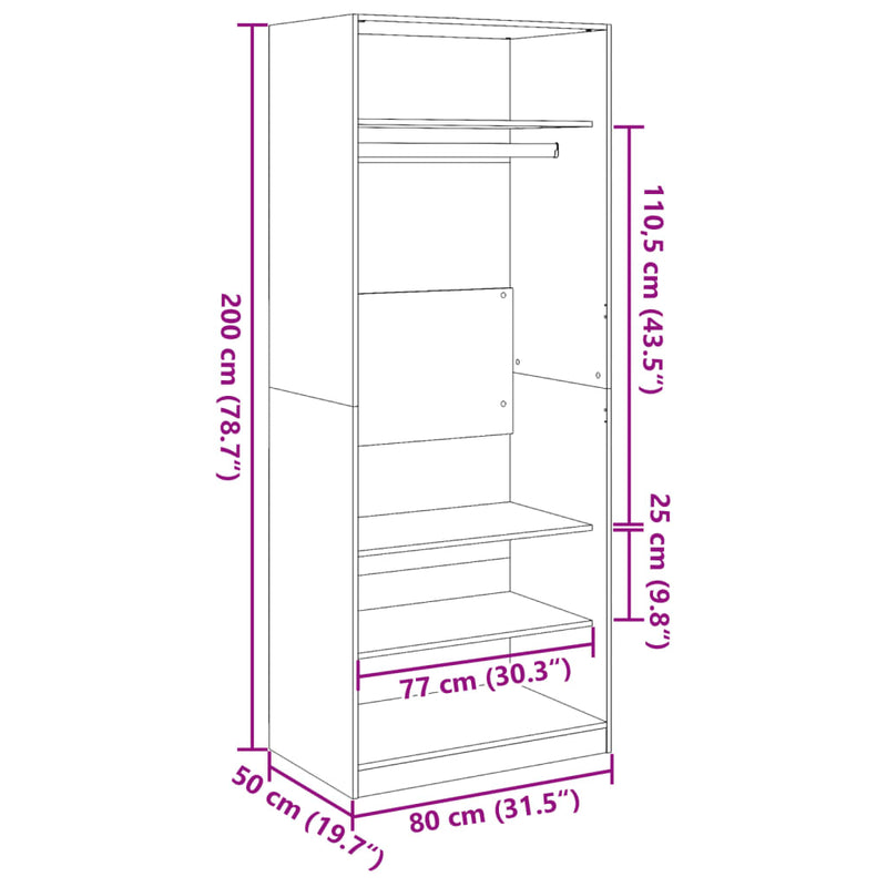 vidaXL fekete szerelt fa ruhásszekrény 80 x 50 x 200 cm