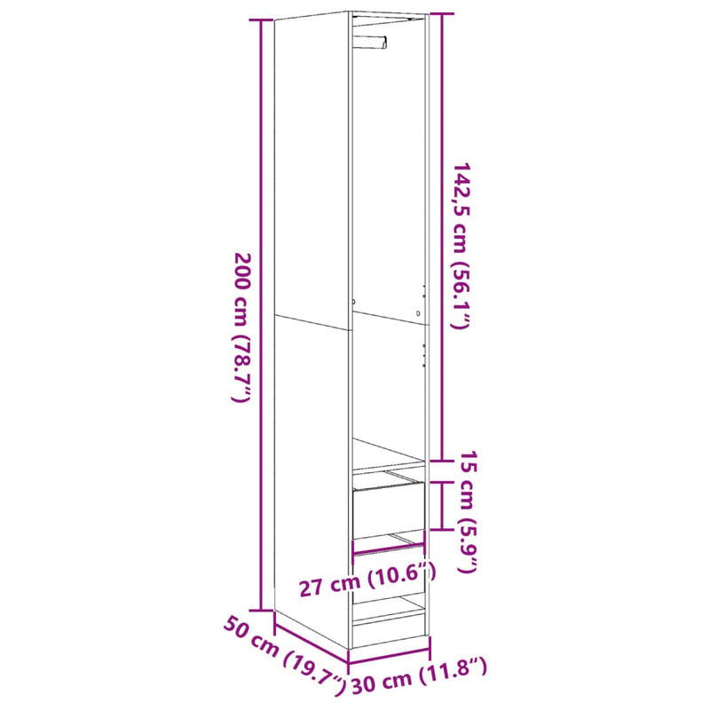 vidaXL betonszürke szerelt fa ruhásszekrény 30 x 50 x 200 cm