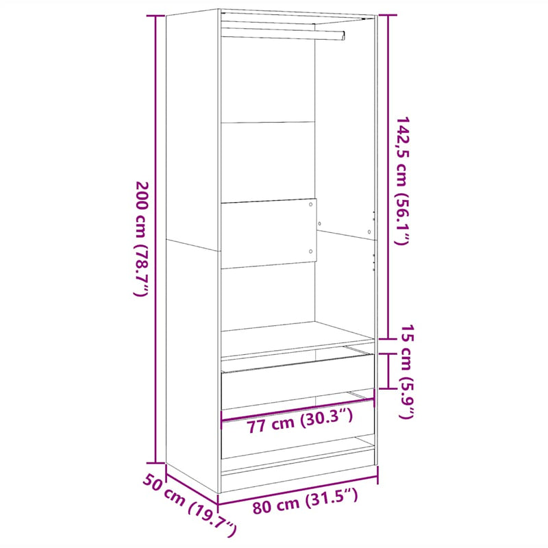 vidaXL kézműves tölgy színű szerelt fa ruhásszekrény 80 x 50 x 200 cm