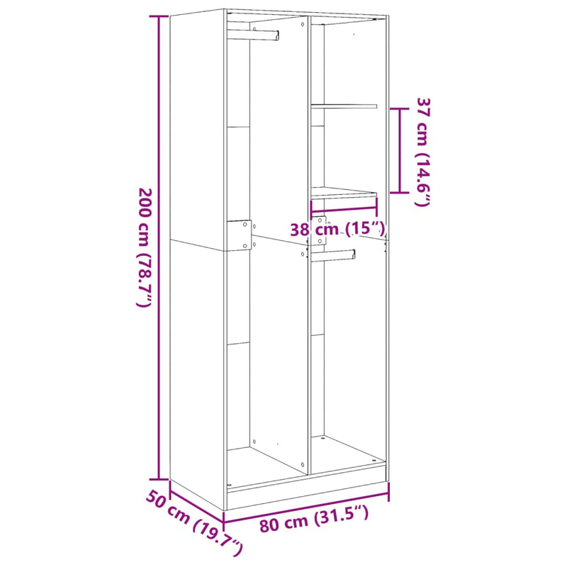 vidaXL fekete szerelt fa ruhásszekrény 80 x 50 x 200 cm