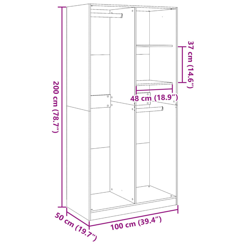 vidaXL fekete szerelt fa ruhásszekrény 100 x 50 x 200 cm