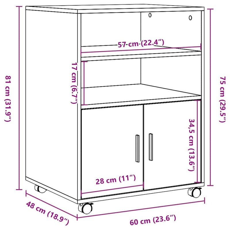 vidaXL kézműves tölgy színű szerelt fa görgős szekrény 72x33x42,5 cm