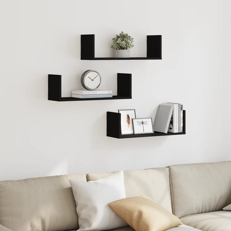 vidaXL 3 db fekete szerelt fa fali polc 58 x 18 x 18 cm