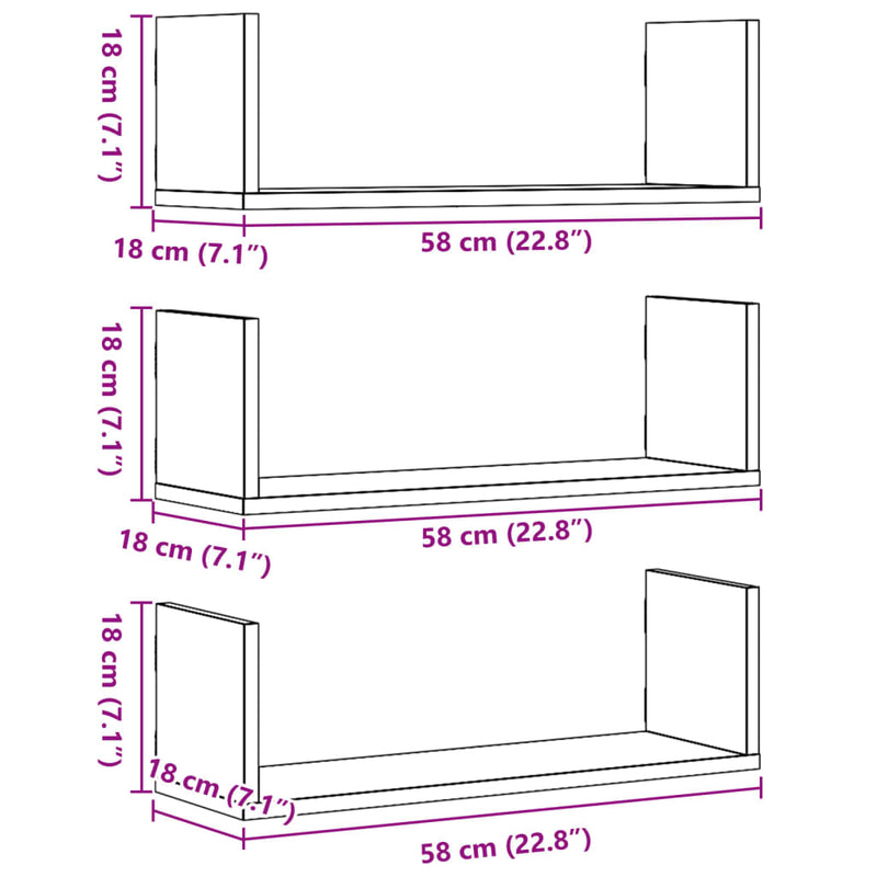 vidaXL 3 db fekete szerelt fa fali polc 58 x 18 x 18 cm
