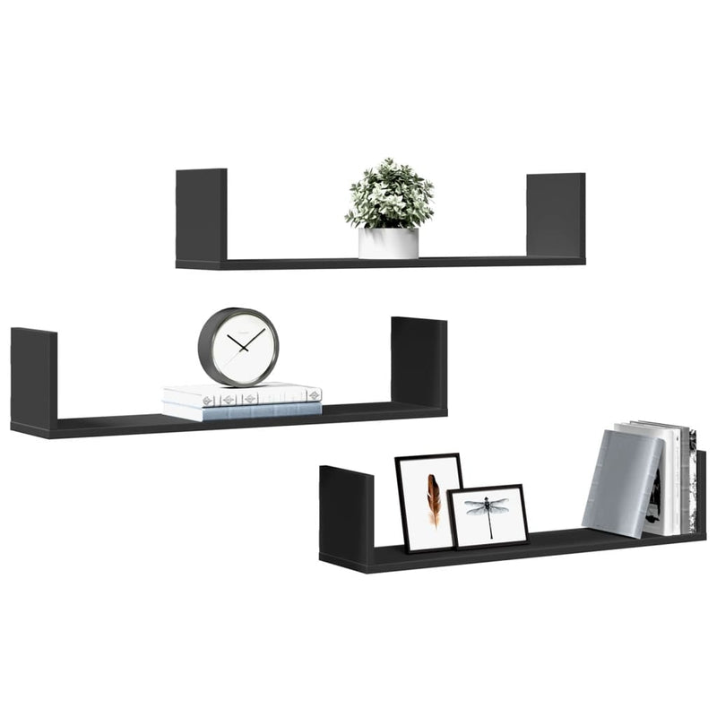 vidaXL 3 db fekete szerelt fa fali polc 80 x 18 x 18 cm
