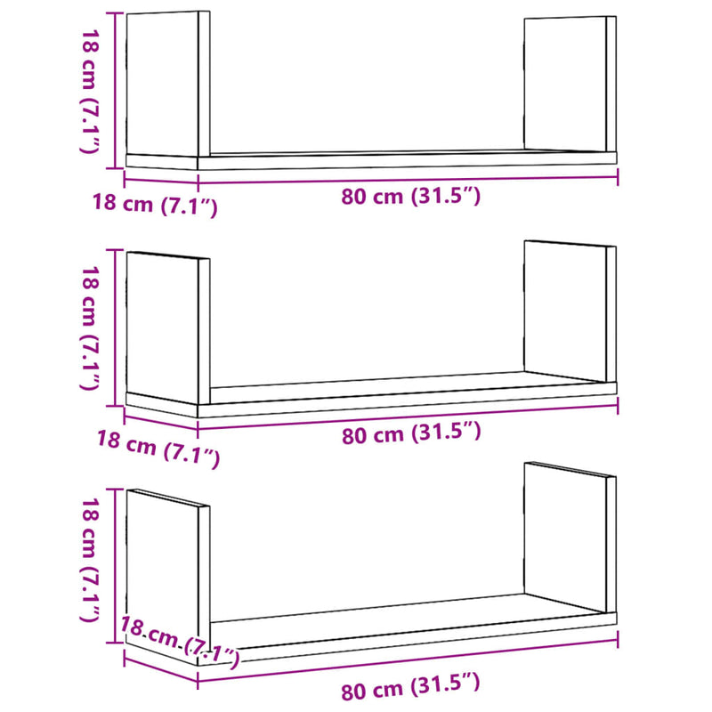 vidaXL 3 db fekete szerelt fa fali polc 80 x 18 x 18 cm