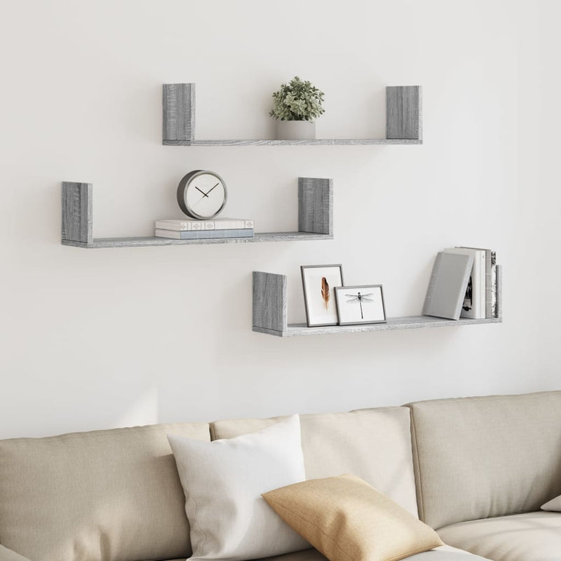 vidaXL 3 db szürke sonoma színű szerelt fa fali polc 80 x 18 x 18 cm
