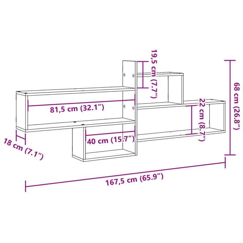 vidaXL betonszürke szerelt fa fali polc 167,5 x 18 x 68 cm