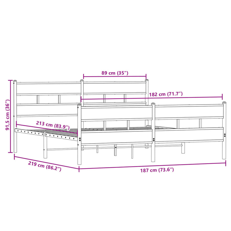vidaXL sonoma tölgy színű fém ágykeret matrac nélkül 183 x 213 cm