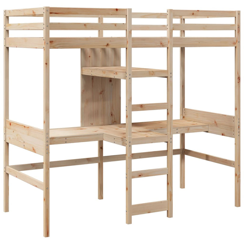 vidaXL tömör fenyő galériaágy-keret asztallal és polcokkal 90 x 200 cm