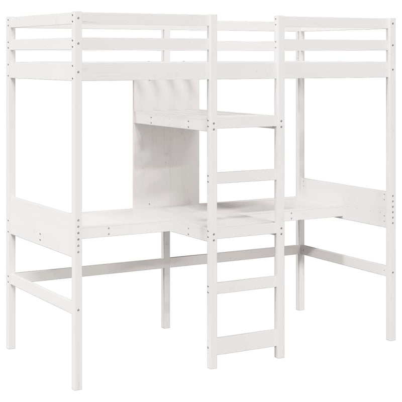 vidaXL fehér fenyő galériaágy-keret asztallal és polcokkal 90 x 200 cm