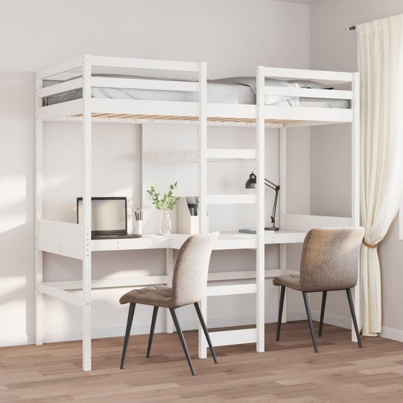 vidaXL fehér fenyő galériaágy-keret asztallal és polcokkal 90 x 200 cm