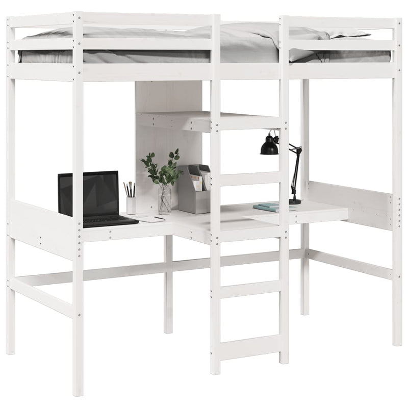vidaXL fehér fenyő galériaágy-keret asztallal és polcokkal 90 x 200 cm
