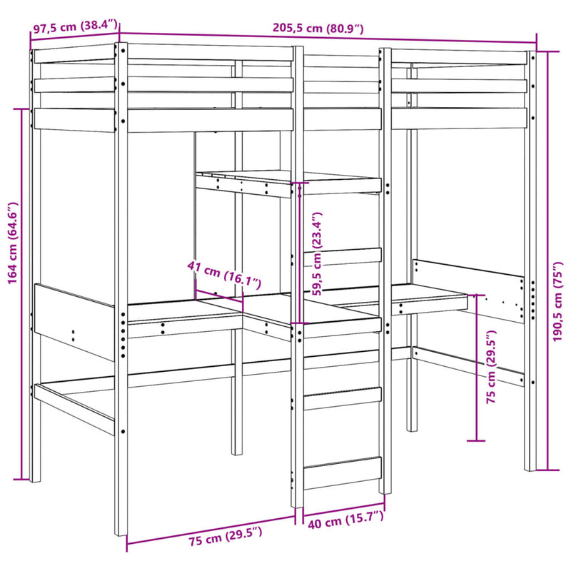 vidaXL fehér fenyő galériaágy-keret asztallal és polcokkal 90 x 200 cm