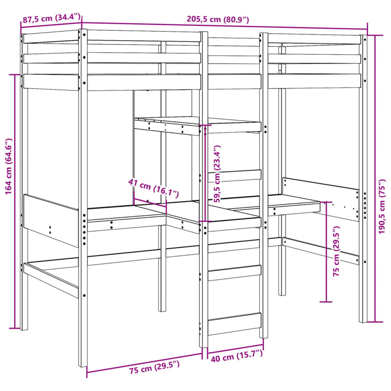 vidaXL tömör fenyő galériaágy-keret matrac nélkül 80 x 200 cm