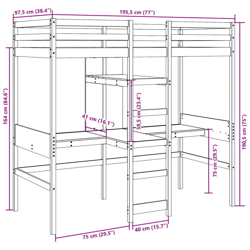 vidaXL tömör fenyő galériaágy-keret matrac nélkül 90 x 190 cm