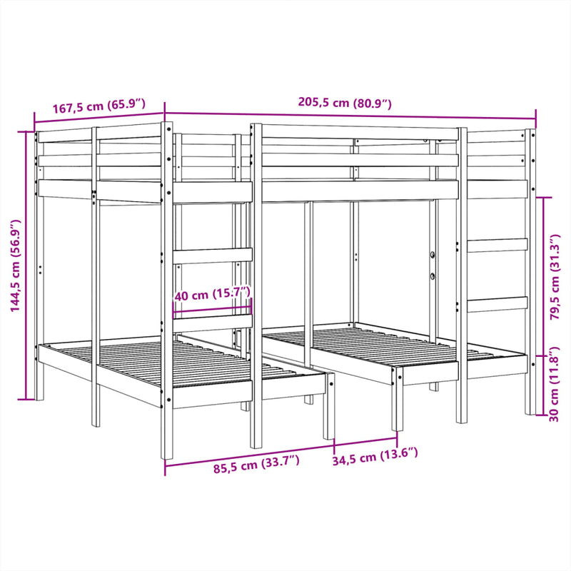 vidaXL tömör fenyőfa tripla emeletes ágykeret 160x200/80x160 cm