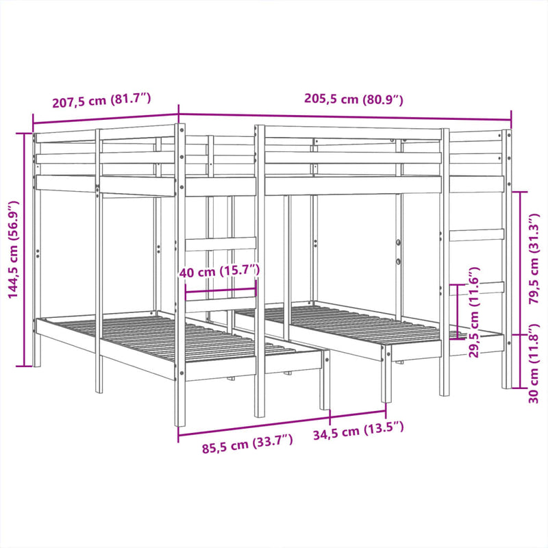 vidaXL tömör fenyőfa tripla emeletes ágykeret 200x200/80x200 cm