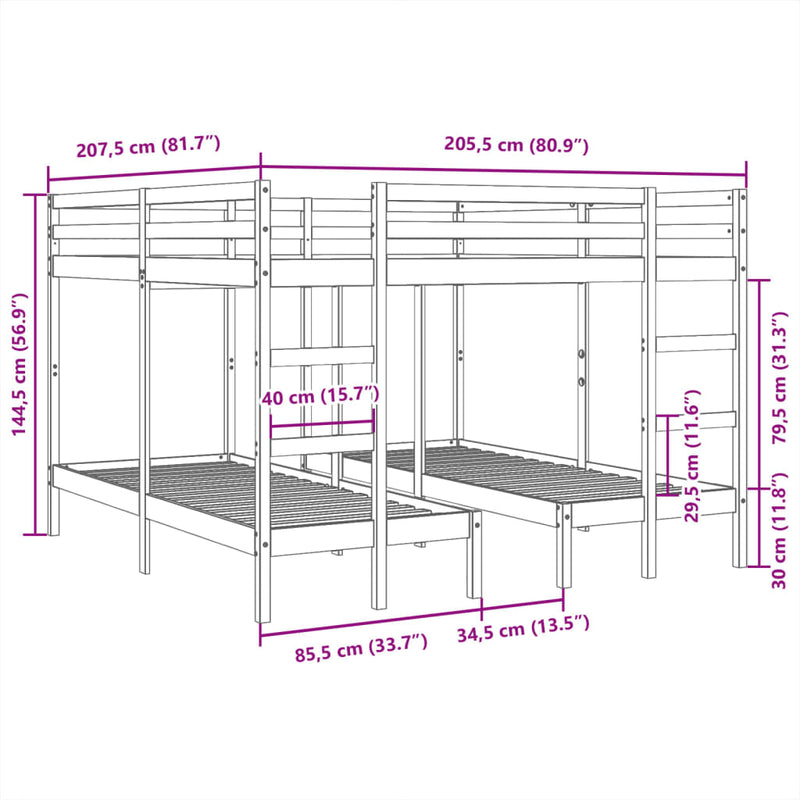 vidaXL fehér tömör fenyőfa tripla emeletes ágykeret 200x200/80x200 cm